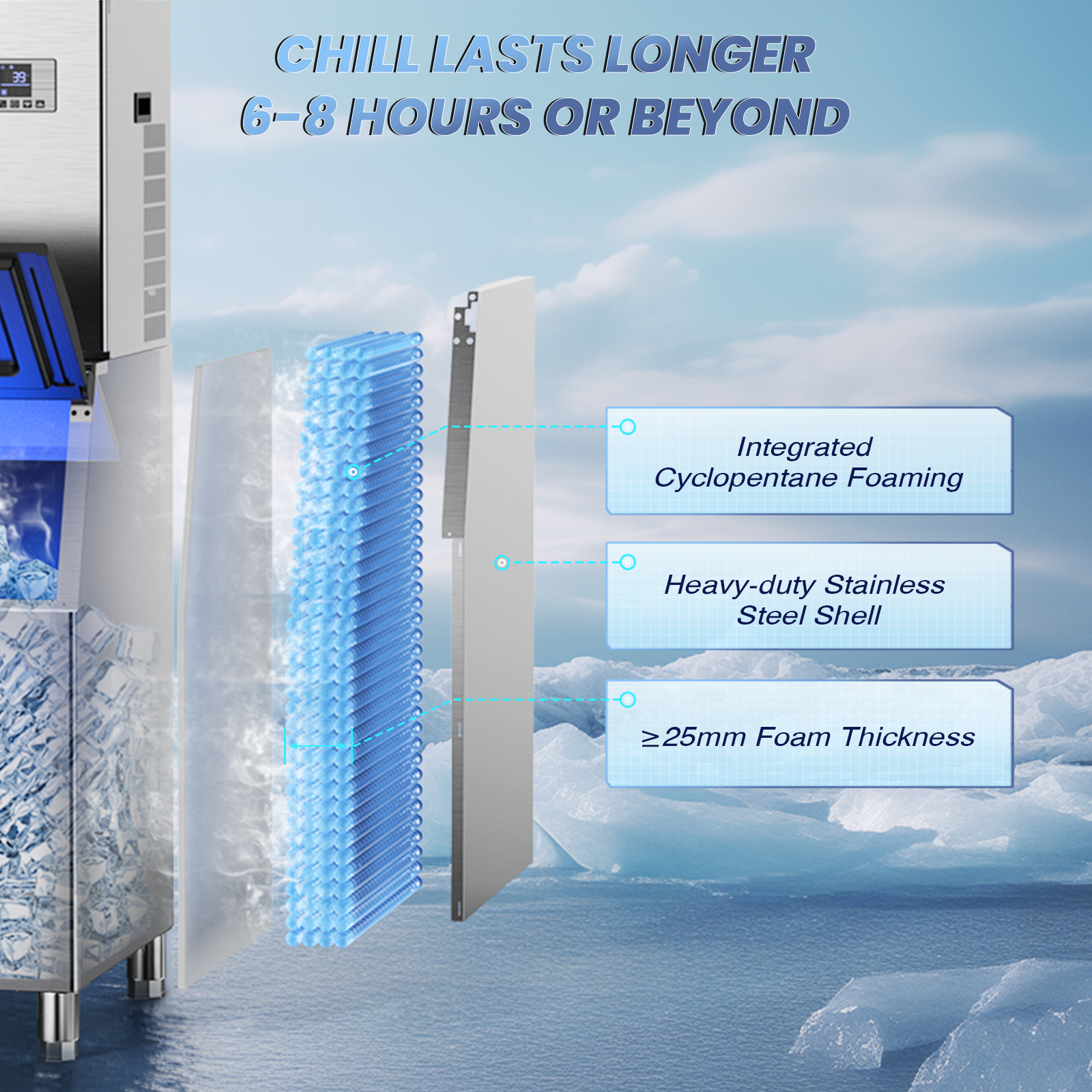 Insulation layers of the Mojgar Ice Maker, featuring integrated cyclopentane foaming, heavy-duty stainless steel shell, and ≥25mm foam thickness, ensuring ice stays chilled for 6-8 hours or beyond.