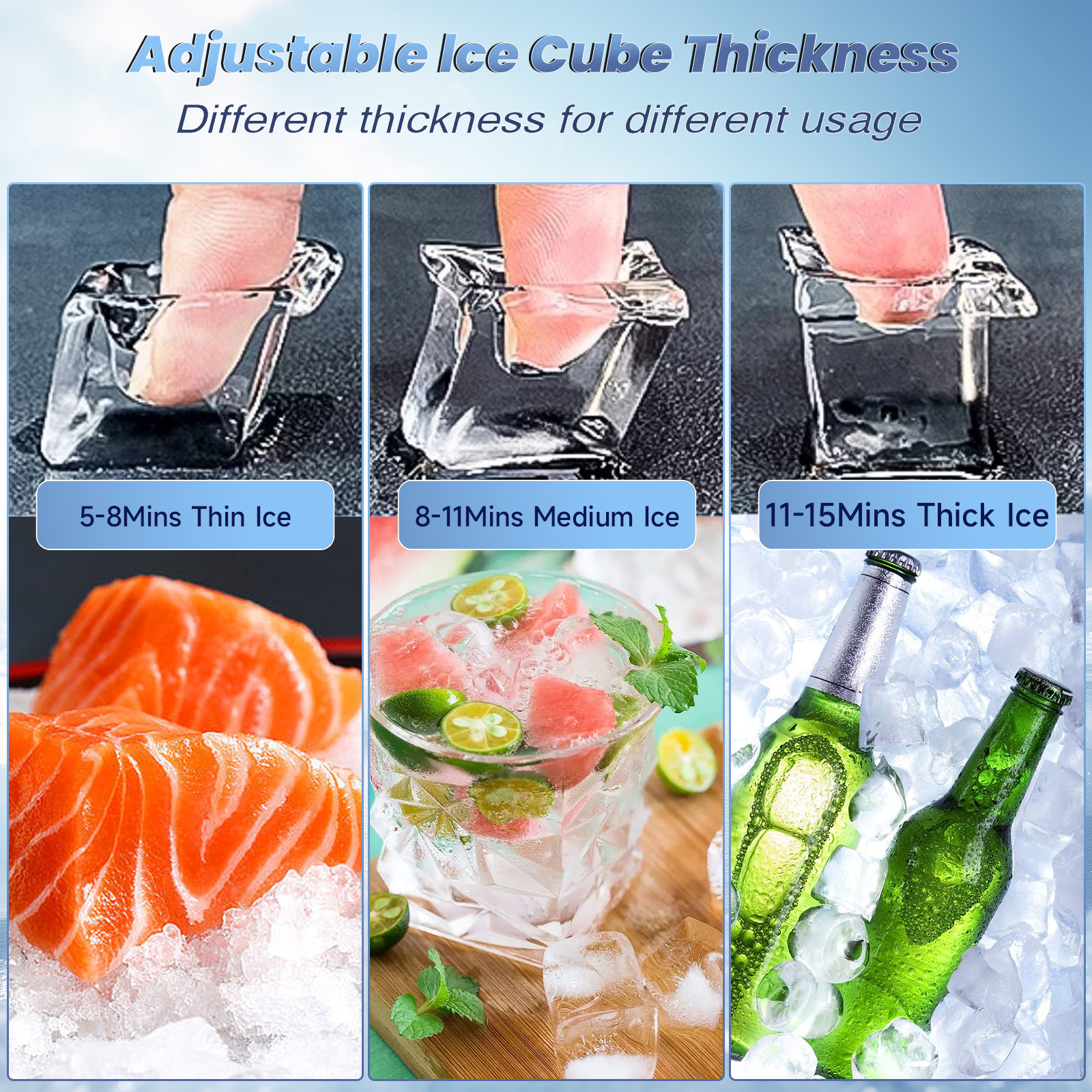Adjustable ice thickness options for Mojgar Ice Maker: thin ice (5-8 mins) for seafood, medium ice (8-11 mins) for cocktails, and thick ice (11-15 mins) for beverages like beer, catering to diverse needs.