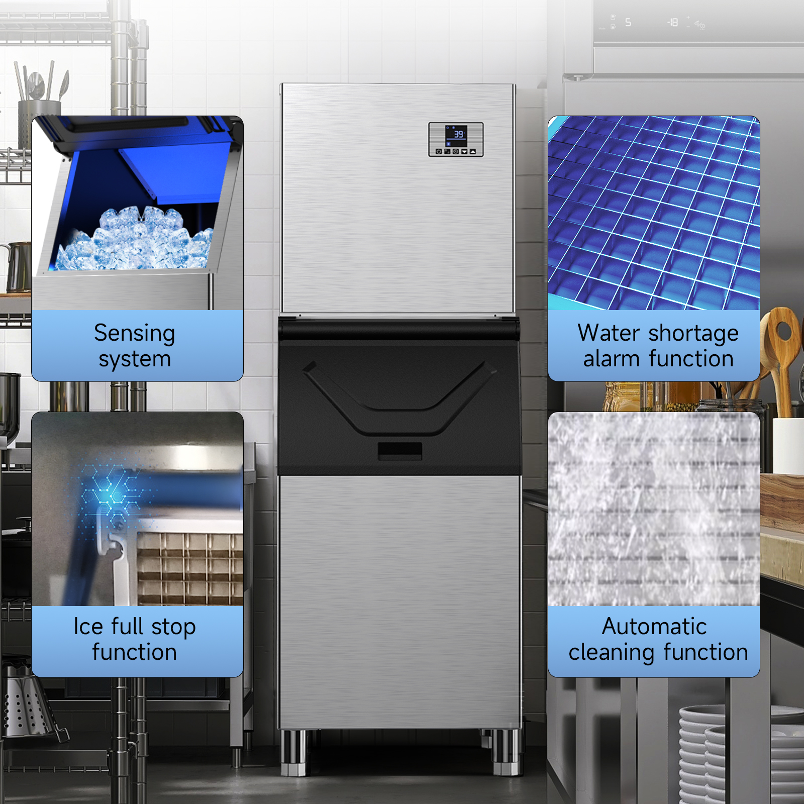Mojgar Ice Maker with advanced features: sensing system, water shortage alarm, ice full stop function, and automatic cleaning, ensuring efficient operation and reliability in commercial settings.
