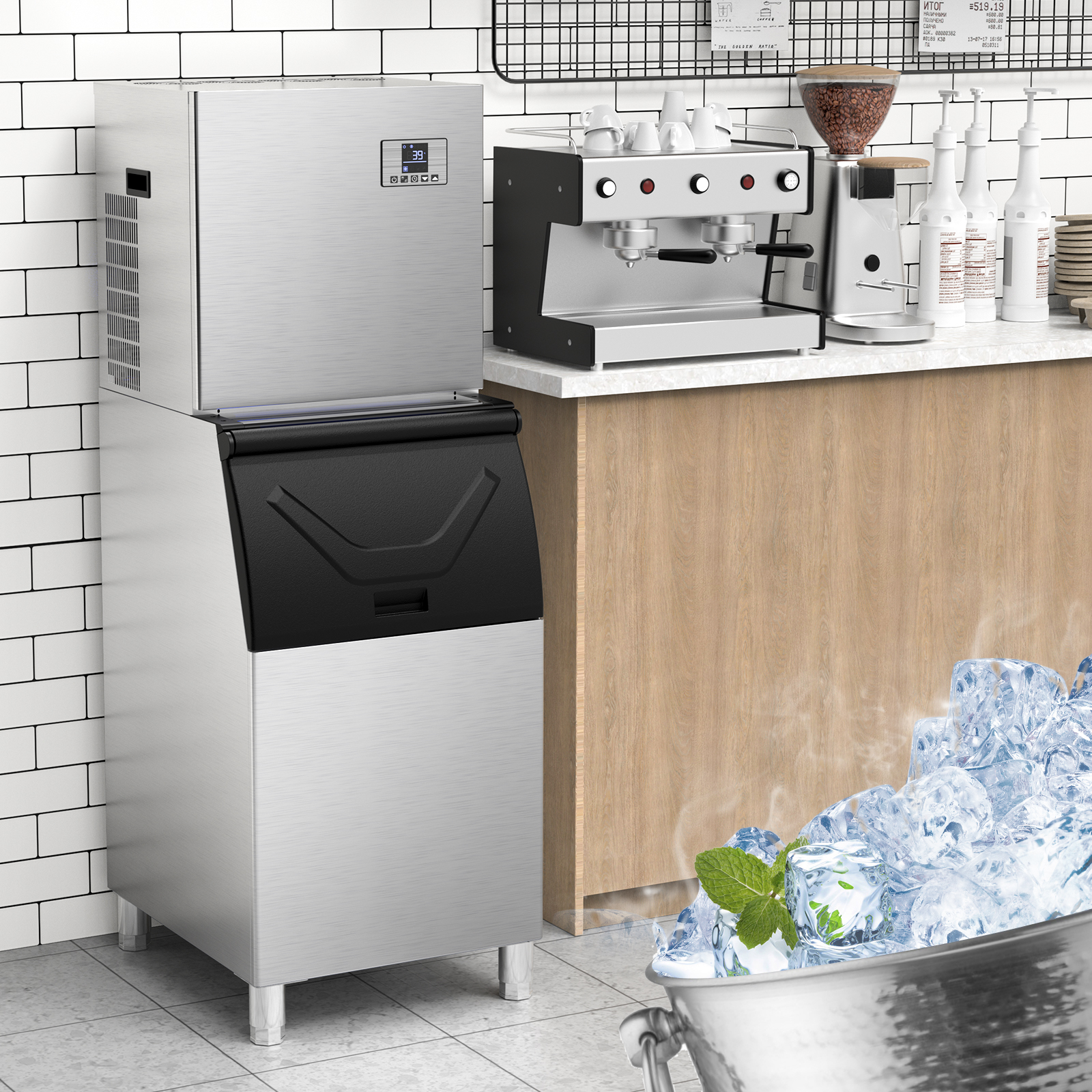 Mojgar Ice Maker in a modern cafe setting next to a coffee machine, showcasing its sleek stainless steel design, ideal for commercial use in restaurants, coffee shops, and bars for efficient ice production.