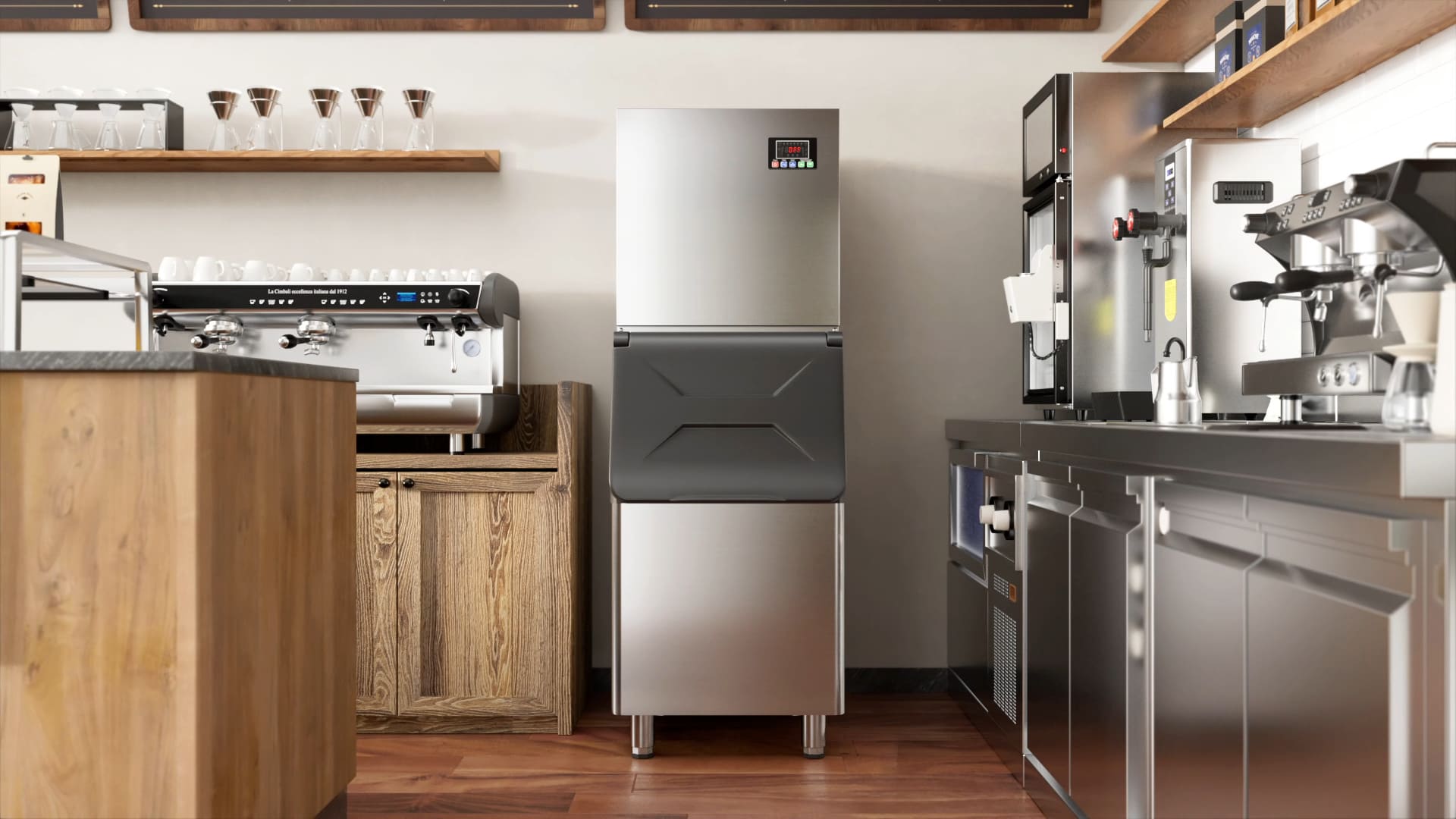 Mojgar modular commercial ice maker with storage bin installed in a modern café kitchen