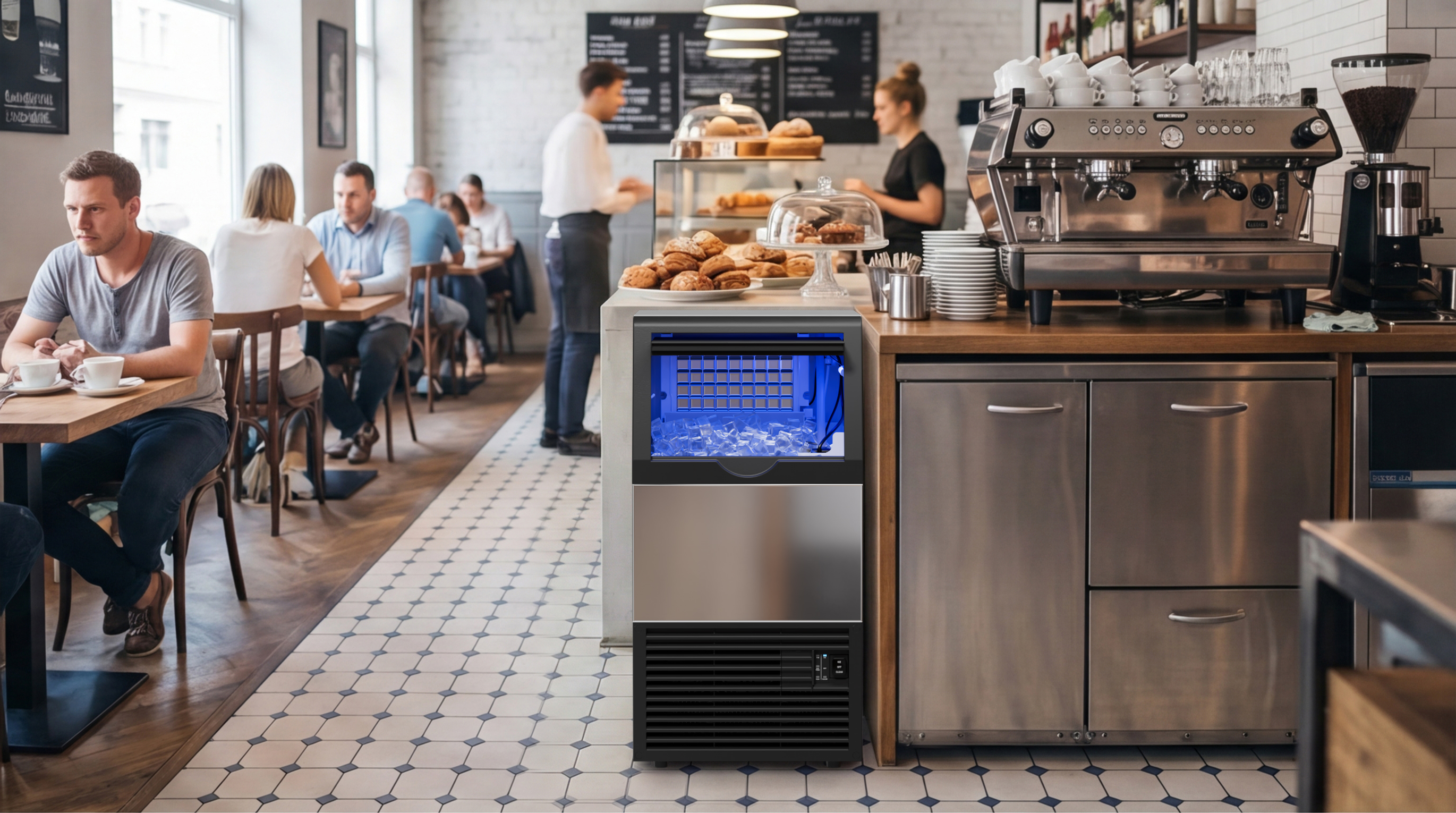 100 lb commercial ice maker installed in a small coffee shop beverage station for iced coffee, smoothies, and daily drink service.