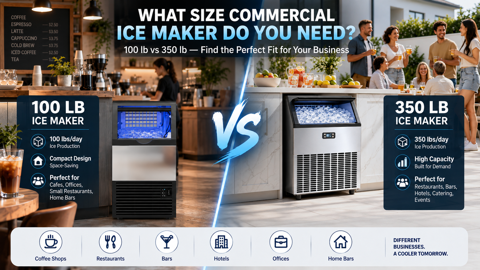 100 lb vs 350 lb commercial ice maker comparison showing different ice machine capacities for coffee shops, restaurants, bars, offices, and other business applications.