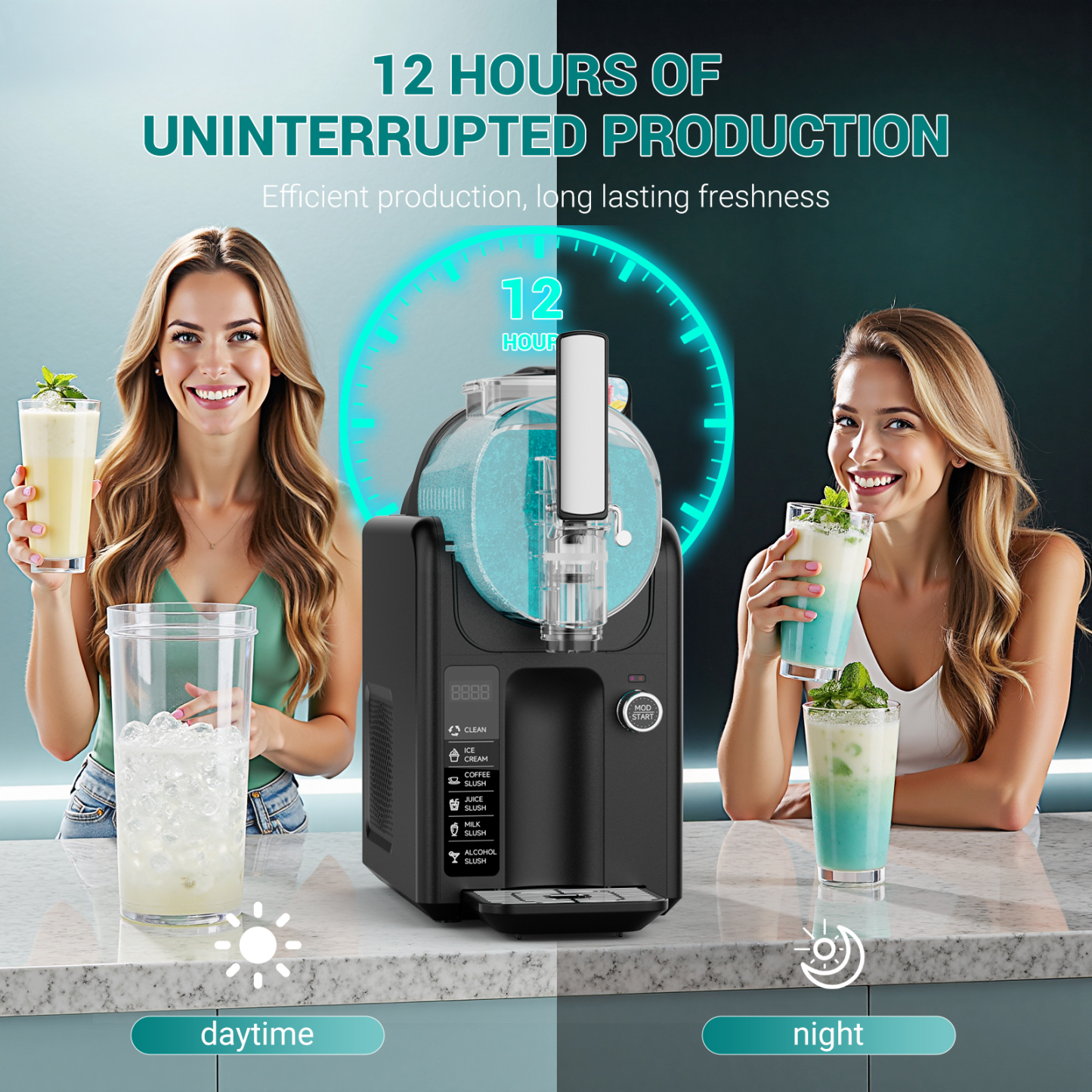Enjoy up to 12 hours of uninterrupted slushy production with the Mojgar slushy machine. Efficient and long-lasting performance for day and night use.