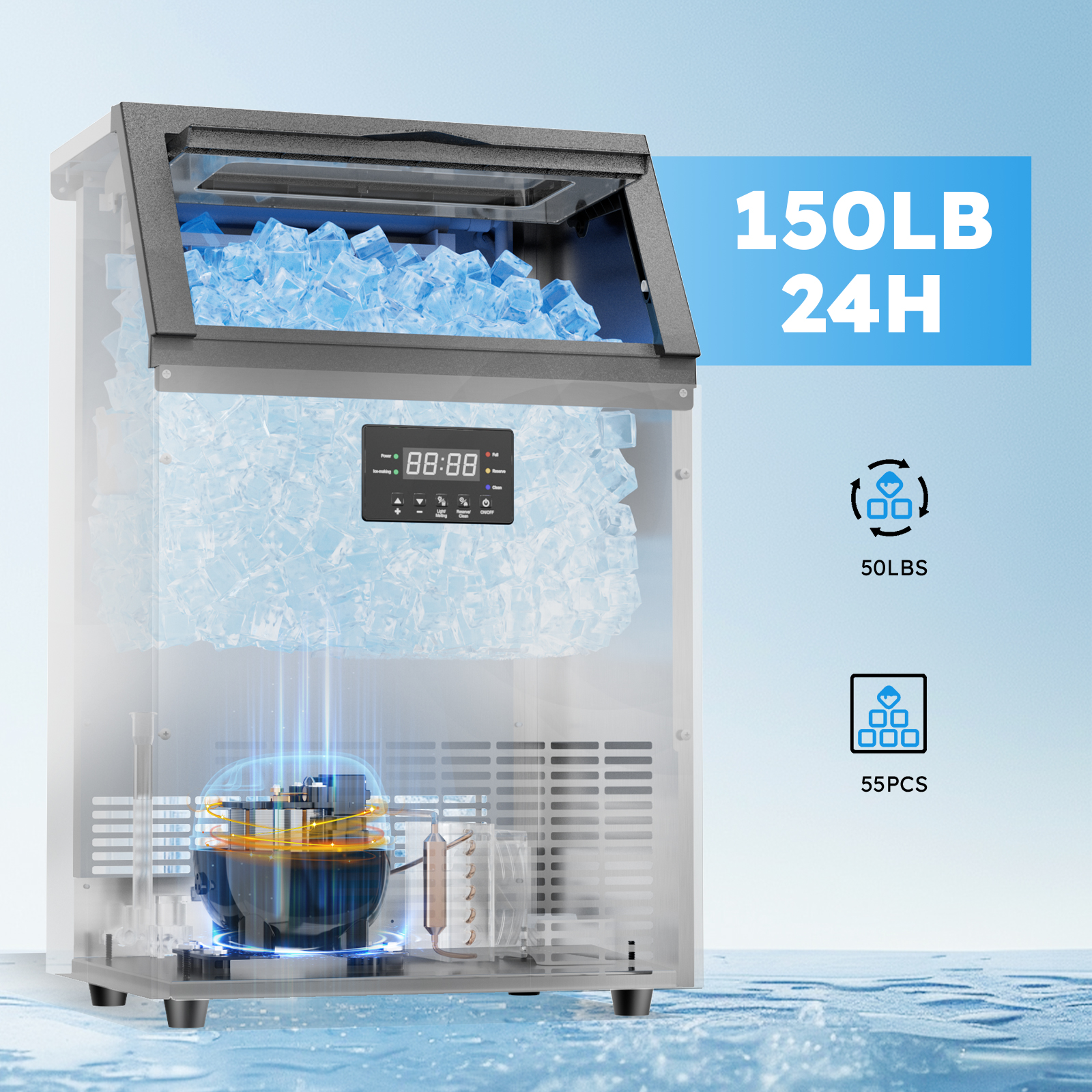 Transparent view of a commercial ice maker with a capacity of 150 lbs per 24 hours, showing a storage bin filled with ice cubes, capable of holding up to 50 lbs. The machine produces 55 ice cubes per cycle, with a digital display control panel on the front.