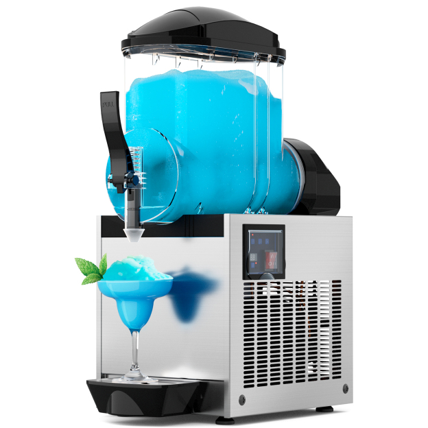 Mojgar 15L Commercial Margarita Slushy Machine. Features an easy-pull dispenser, sleek stainless steel body, and user-friendly control panel. Perfect for margaritas and frozen drinks.