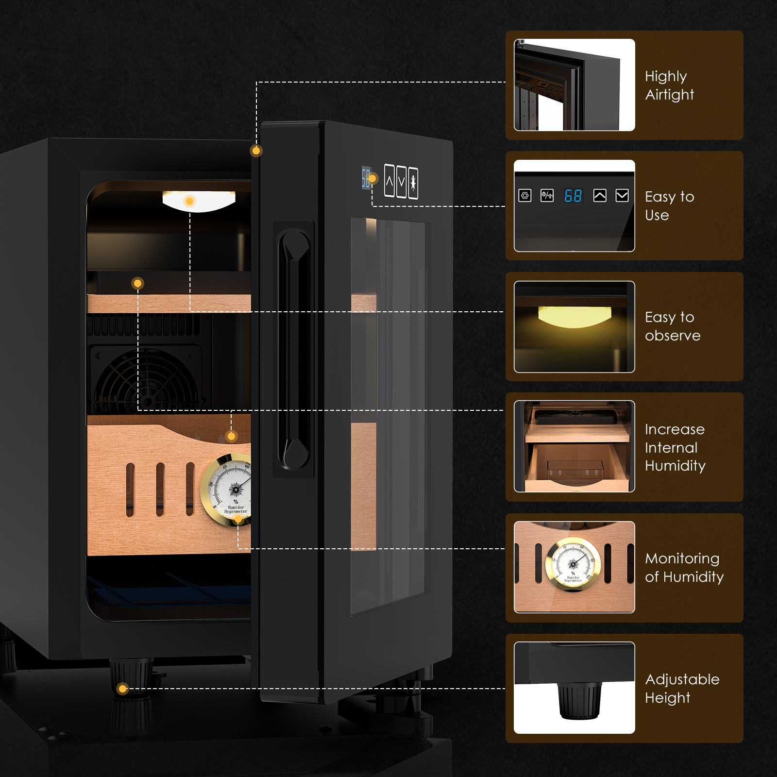 Mojgar 16L Cigar Humidor with highly airtight design, easy-to-use controls, and adjustable height. Features built-in hygrometer for humidity monitoring, a light for better visibility, and the ability to increase internal humidity for optimal cigar storage.