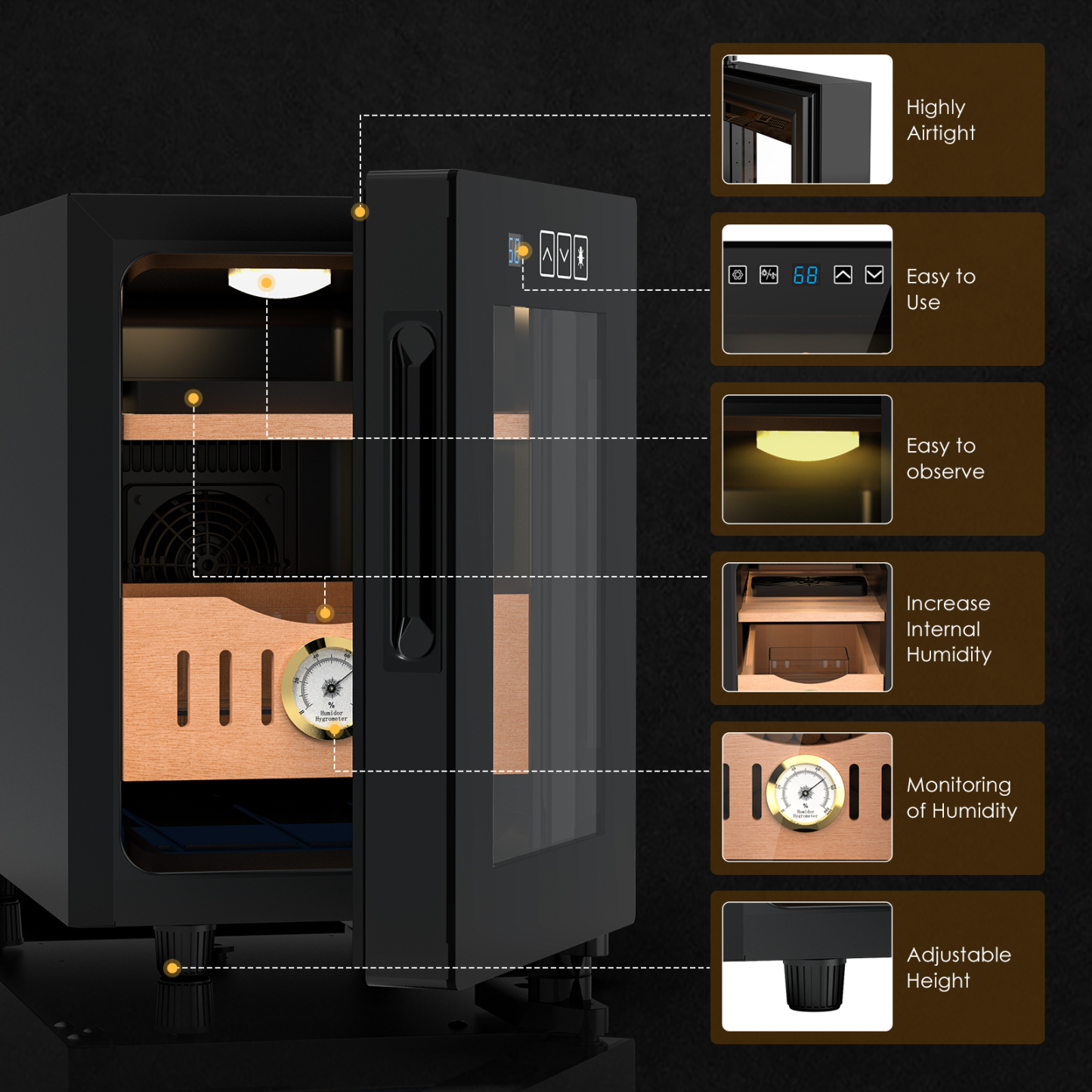 Mojgar 16L Cigar Humidor with highly airtight design, easy-to-use controls, and adjustable height. Features built-in hygrometer for humidity monitoring, a light for better visibility, and the ability to increase internal humidity for optimal cigar storage.