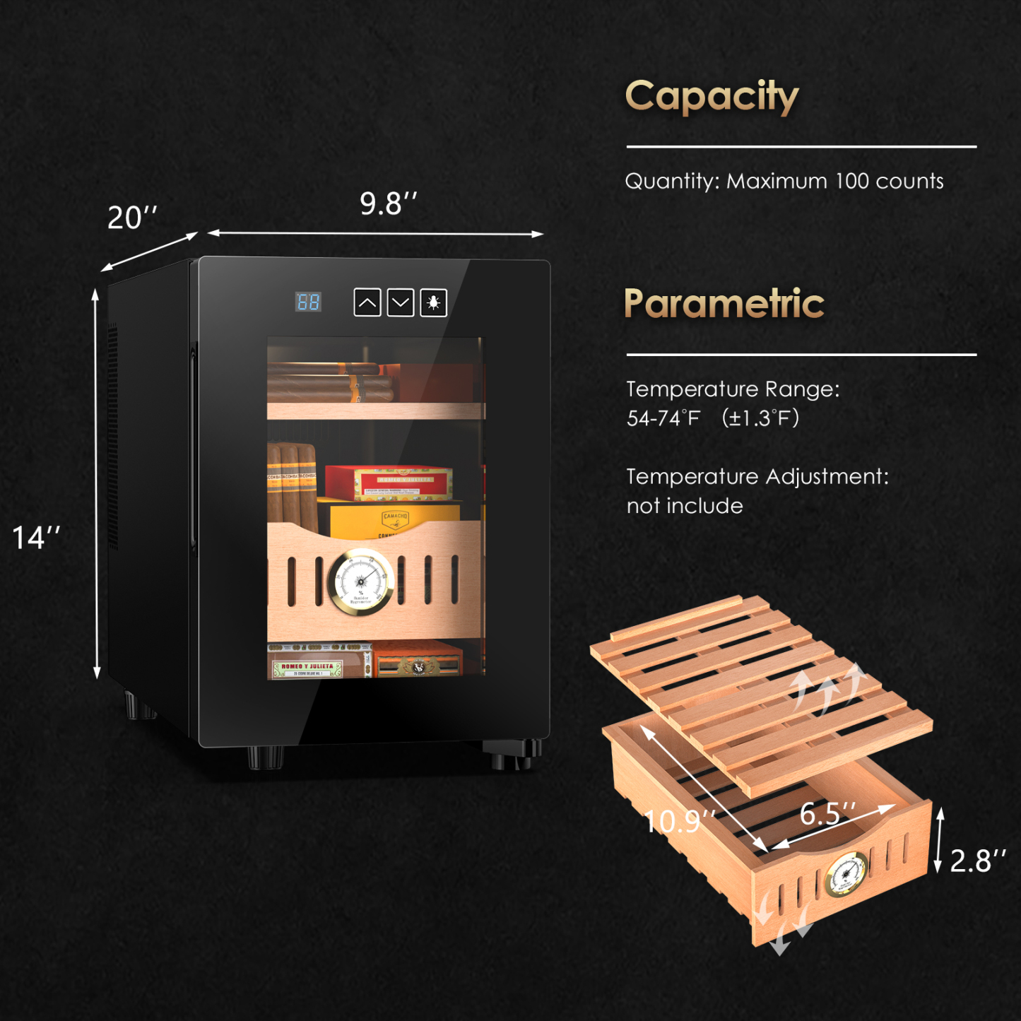 Mojgar 16L Cigar Humidor with a capacity of up to 100 cigars. Temperature range: 54-74°F (±1.3°F). Includes a cedar wood shelf for storage. Features airtight design and built-in hygrometer for humidity control.