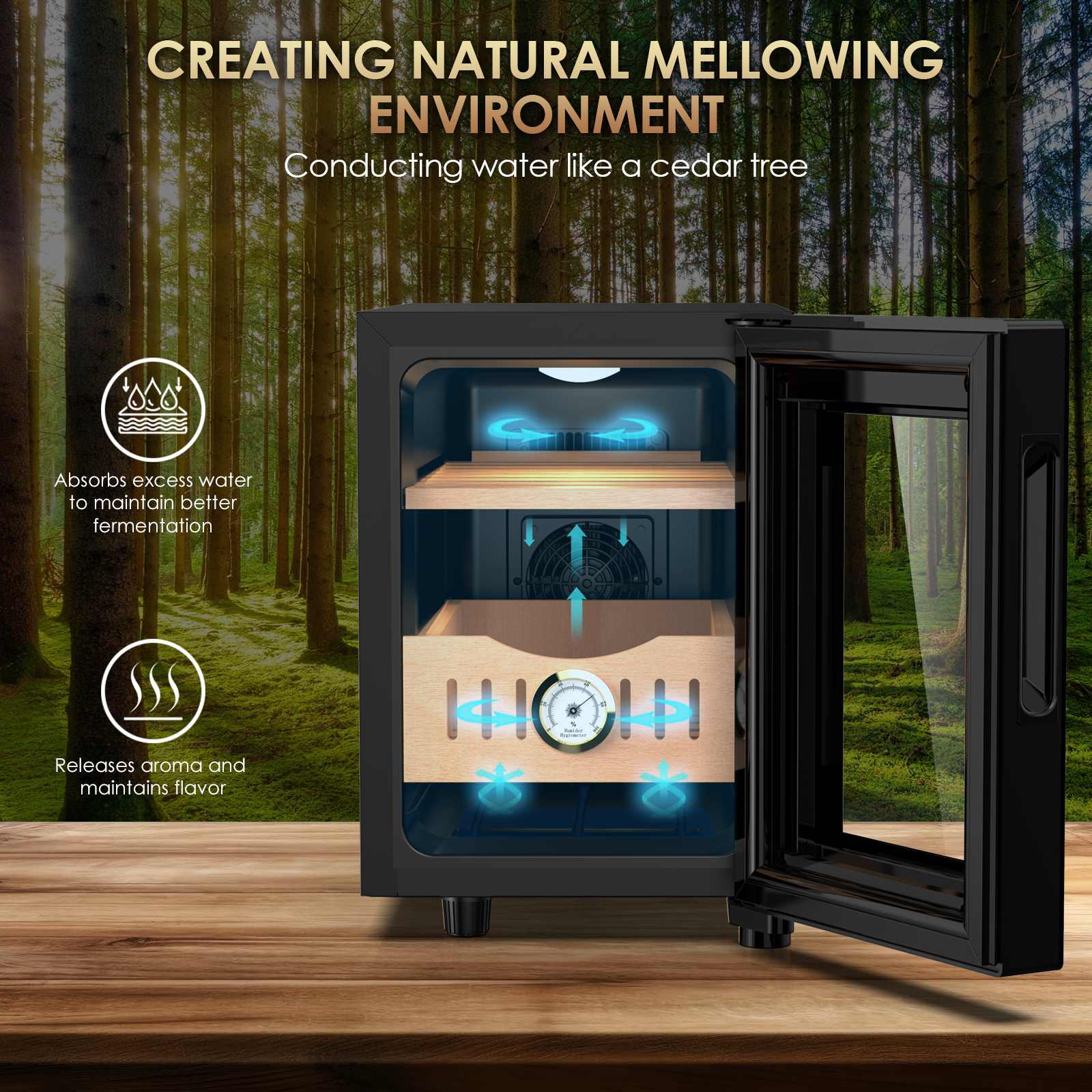 Mojgar 16L Cigar Humidor designed to create a natural mellowing environment. Features advanced cooling, humidity control, and cedar wood for flavor enhancement. Equipped with 360° air circulation and hygrometer for optimal storage.