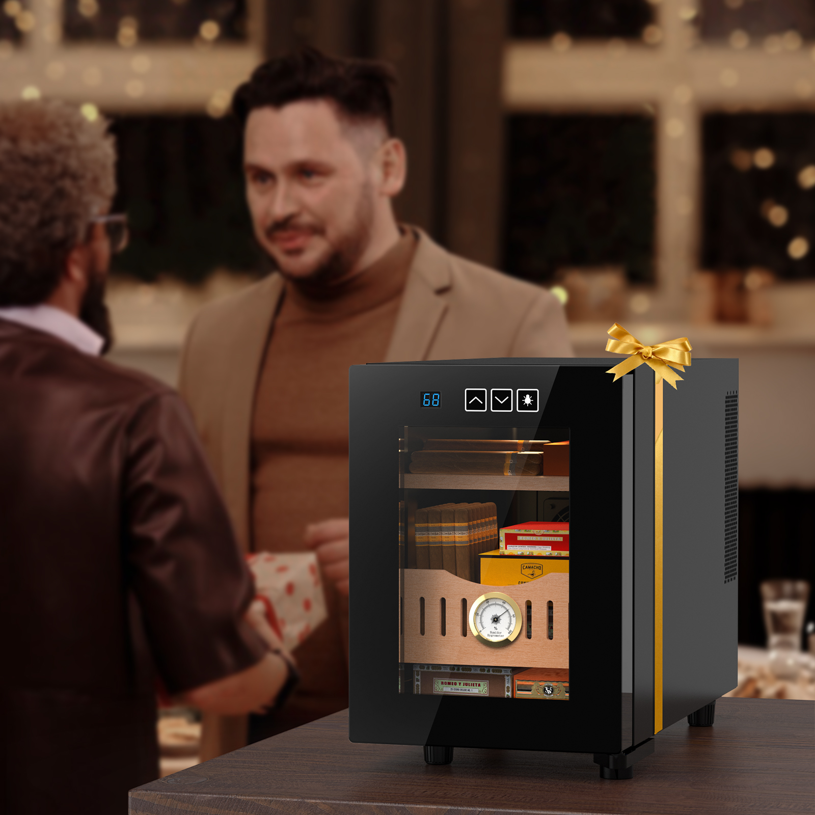 Mojgar 16L Cigar Humidor in a gift-style finish with a golden bow. Features cooling and temperature control, built-in hygrometer, and a sleek design. Ideal for storing up to 100 cigars, making it the perfect gift for cigar enthusiasts.