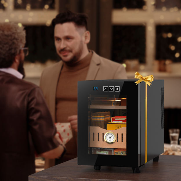 Mojgar 16L Cigar Humidor in a gift-style finish with a golden bow. Features cooling and temperature control, built-in hygrometer, and a sleek design. Ideal for storing up to 100 cigars, making it the perfect gift for cigar enthusiasts.