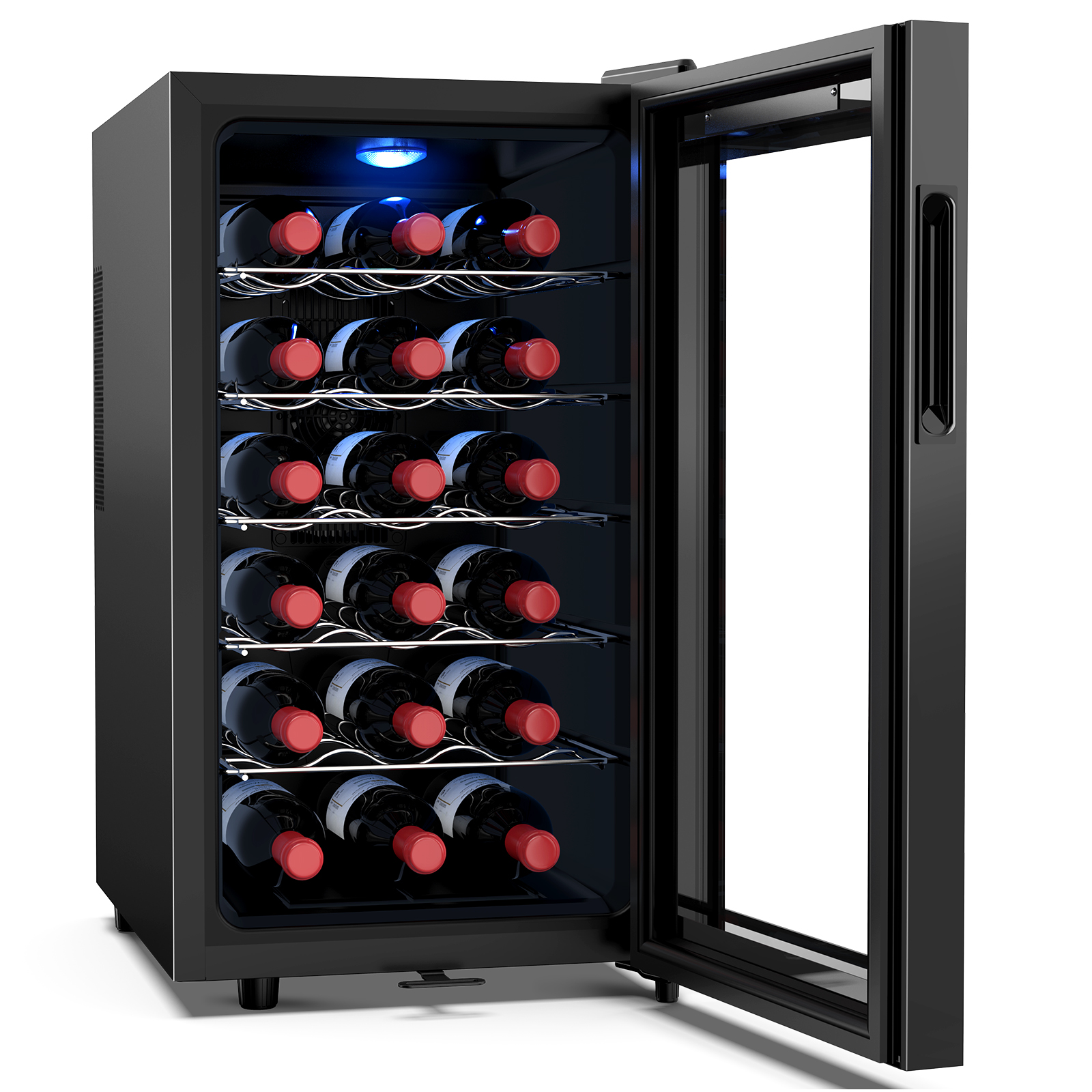 An 18-bottle wine cooler with its door open, featuring adjustable shelves, soft LED lighting, and a sleek design, perfect for preserving and displaying wine collections at the ideal temperature.