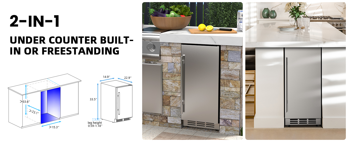 2-in-1 refrigerator offering under-counter built-in or freestanding installation, featuring dimensions of 33.5" H x 15.3" W x 22.9" D, with adjustable leg height (0.59-1.18") for versatile placement.