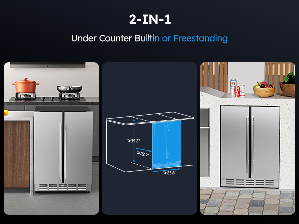 MOJGAR 2-in-1 under-counter beverage cooler, suitable for built-in or freestanding installation. Image shows cooler in kitchens with dimensions: 35.2"H x 23.8"W x 22.7"D for flexible placement.