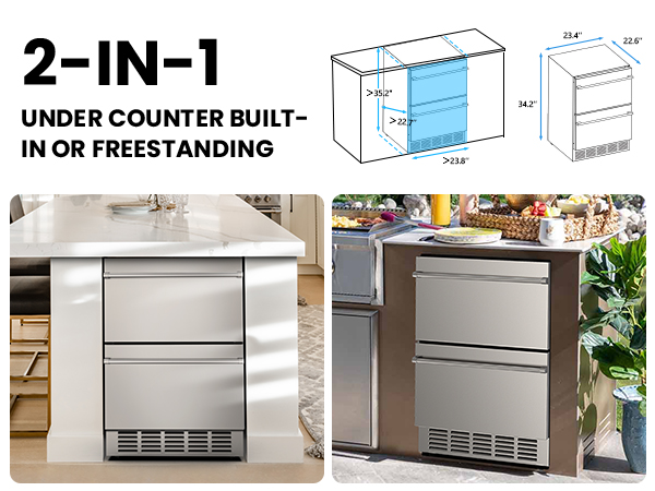 2-in-1 under counter drawer fridge, suitable for built-in or freestanding installation, with precise dimensions for flexible placement in both indoor kitchens and outdoor entertainment areas.