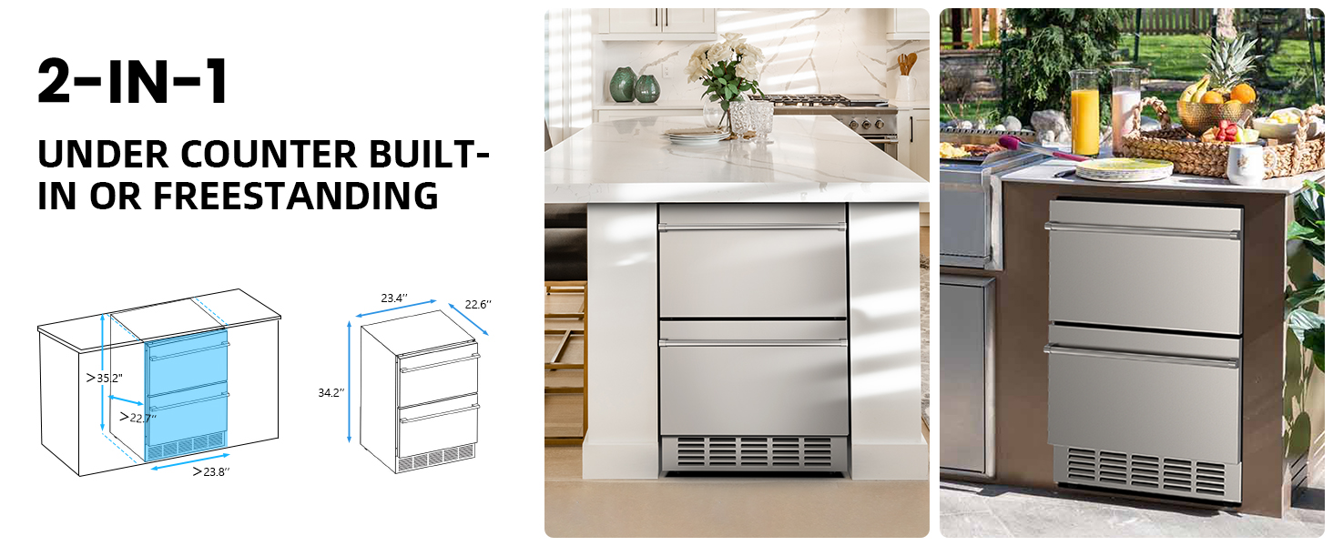 2-in-1 under counter drawer fridge, suitable for built-in or freestanding installation, with precise dimensions for flexible placement in both indoor kitchens and outdoor entertainment areas.