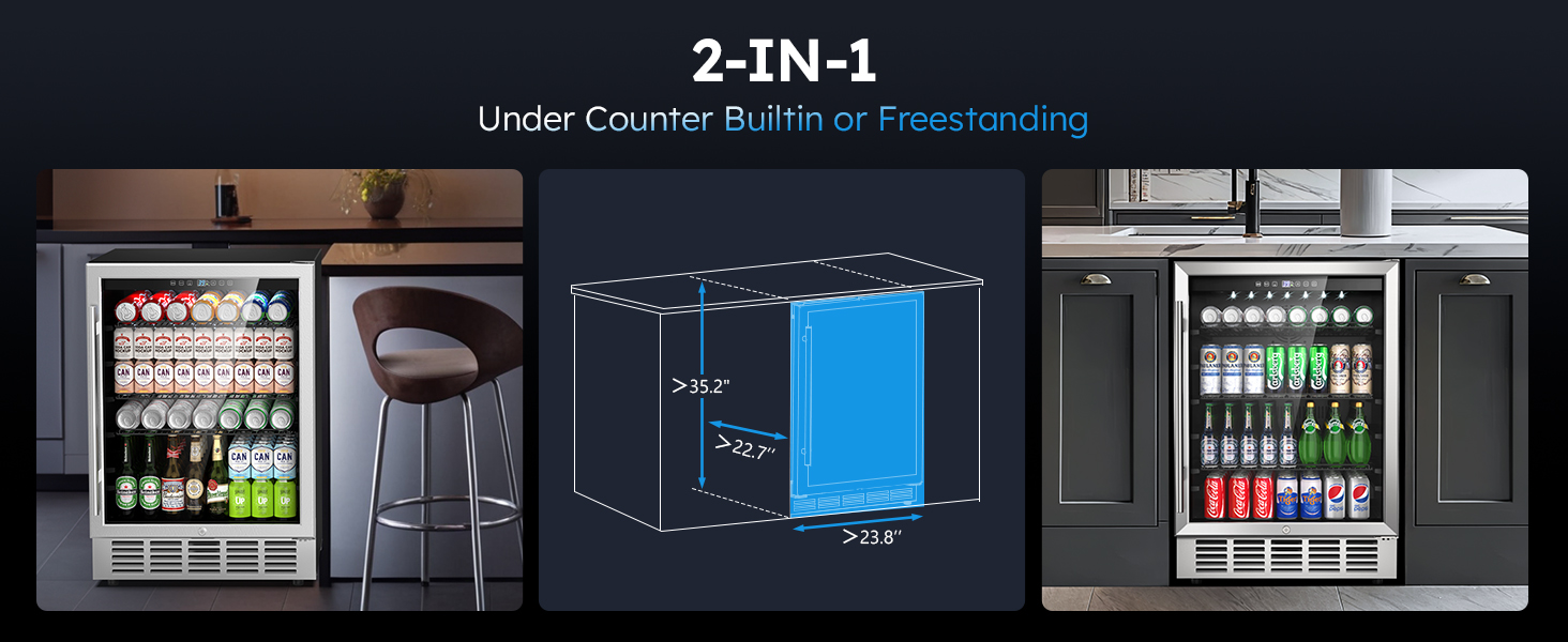 Versatile 2-in-1 beverage refrigerator designed for under-counter built-in or freestanding use, featuring detailed dimensions and showcasing drinks like cans and bottles in modern kitchen settings.
