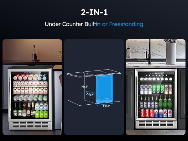 Versatile 2-in-1 beverage refrigerator designed for under-counter built-in or freestanding use, featuring detailed dimensions and showcasing drinks like cans and bottles in modern kitchen settings.