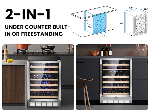 2-in-1 wine refrigerator suitable for under-counter built-in or freestanding installation, featuring precise dimensions of 23.8" width, 22.7" depth, and 34.2" height, designed for versatile kitchen use.
