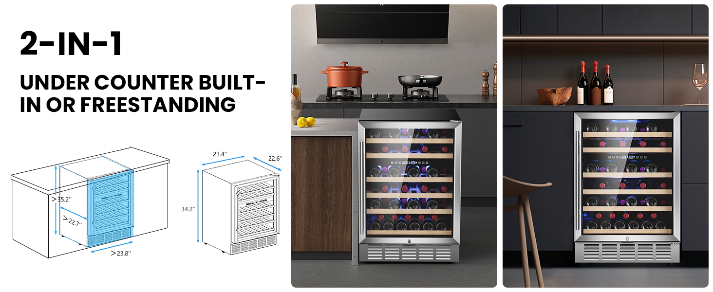 2-in-1 wine refrigerator suitable for under-counter built-in or freestanding installation, featuring precise dimensions of 23.8" width, 22.7" depth, and 34.2" height, designed for versatile kitchen use.