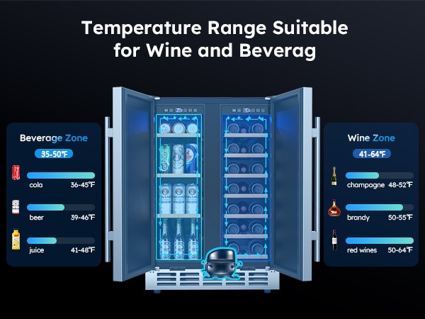 24-inch dual-zone wine and beverage refrigerator showing beverage zone (35-50°F) for soda, beer, juice, and wine zone (41-64°F) for champagne, brandy, and red wines, with adjustable cooling display.