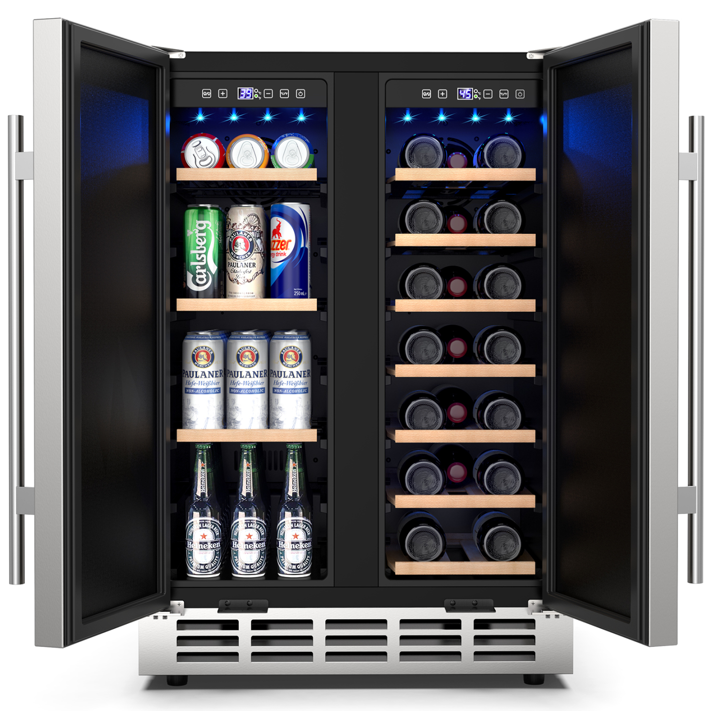 24-inch dual-zone wine and beverage refrigerator with double glass doors, featuring adjustable wooden shelves for 20 wine bottles on the right and stainless steel shelves for 57 beverage cans on the left