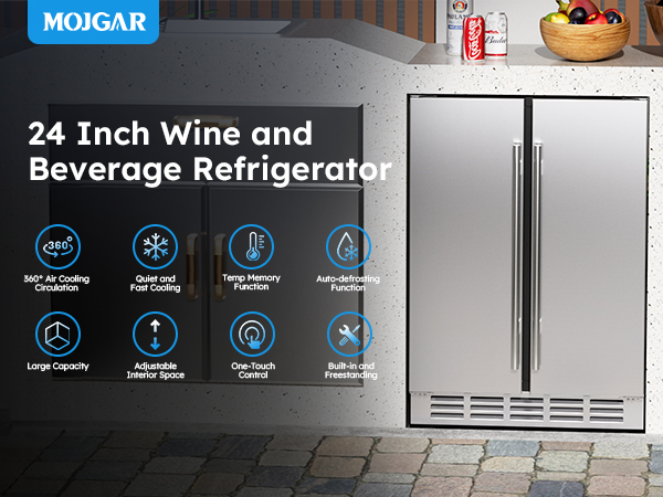MOJGAR 24-inch wine and beverage refrigerator with double doors, featuring 360° air cooling, large capacity, adjustable space, and auto-defrost. Perfect for built-in or freestanding installation.