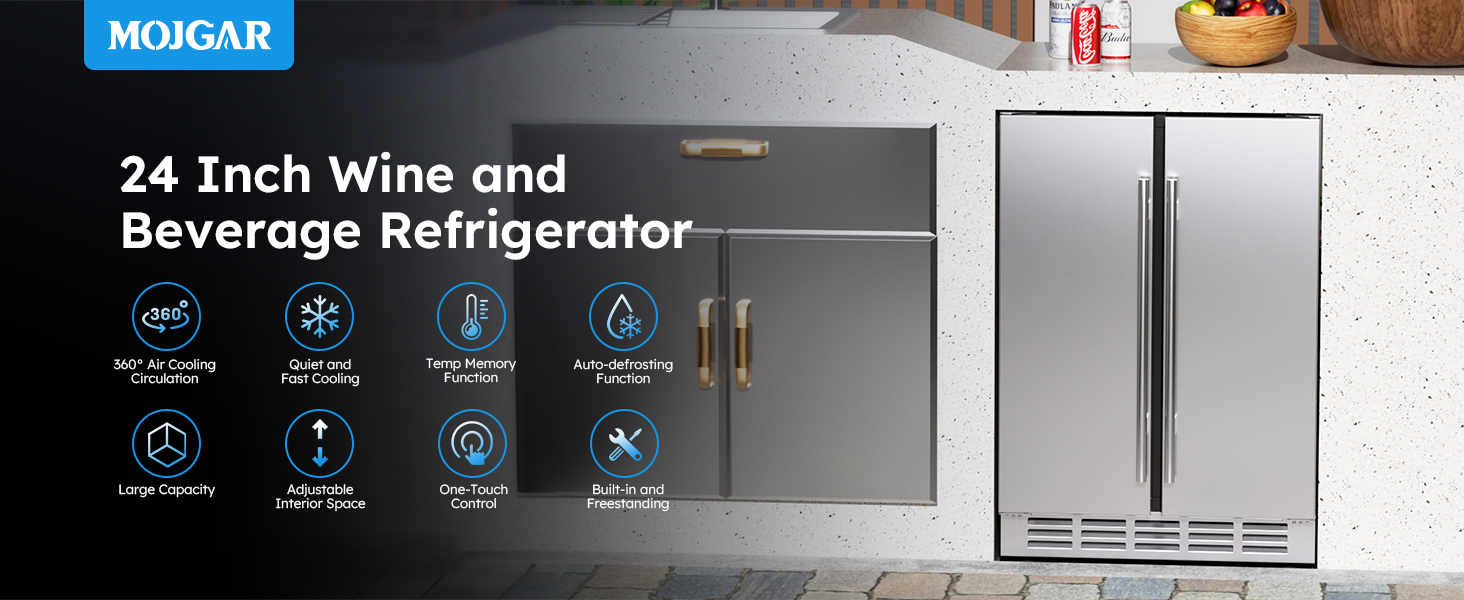 MOJGAR 24-inch wine and beverage refrigerator with double doors, featuring 360° air cooling, large capacity, adjustable space, and auto-defrost. Perfect for built-in or freestanding installation.
