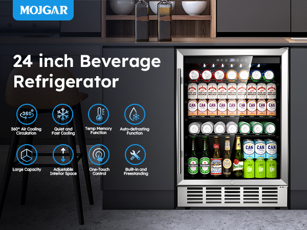 24-inch beverage refrigerator with 360° air cooling, temp memory, auto-defrost, and adjustable interior, ideal for home or bar use with large capacity for cans and bottles.