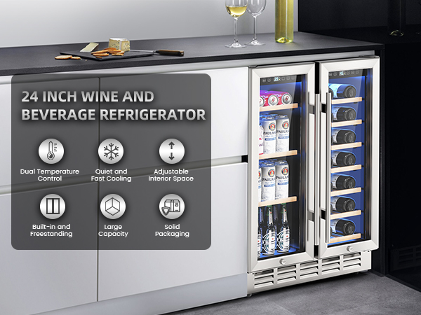 24-inch wine and beverage refrigerator with dual temperature zones, quiet cooling, adjustable space, large capacity, and built-in or freestanding options, ideal for modern kitchens and bars.