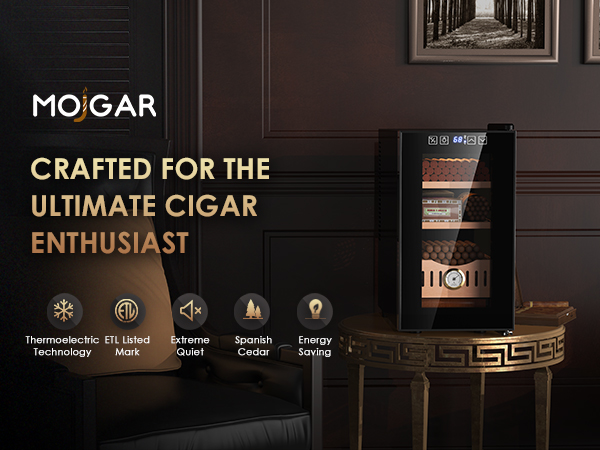 Mojgar 25L Cigar Humidor designed for cigar enthusiasts, featuring thermoelectric technology, ETL certification, Spanish cedar wood shelves, and energy-saving performance, displayed in a stylish setting.