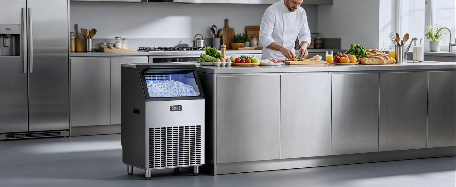 350 lb commercial ice maker used in a restaurant or bar environment for high-volume beverage service and continuous ice production.