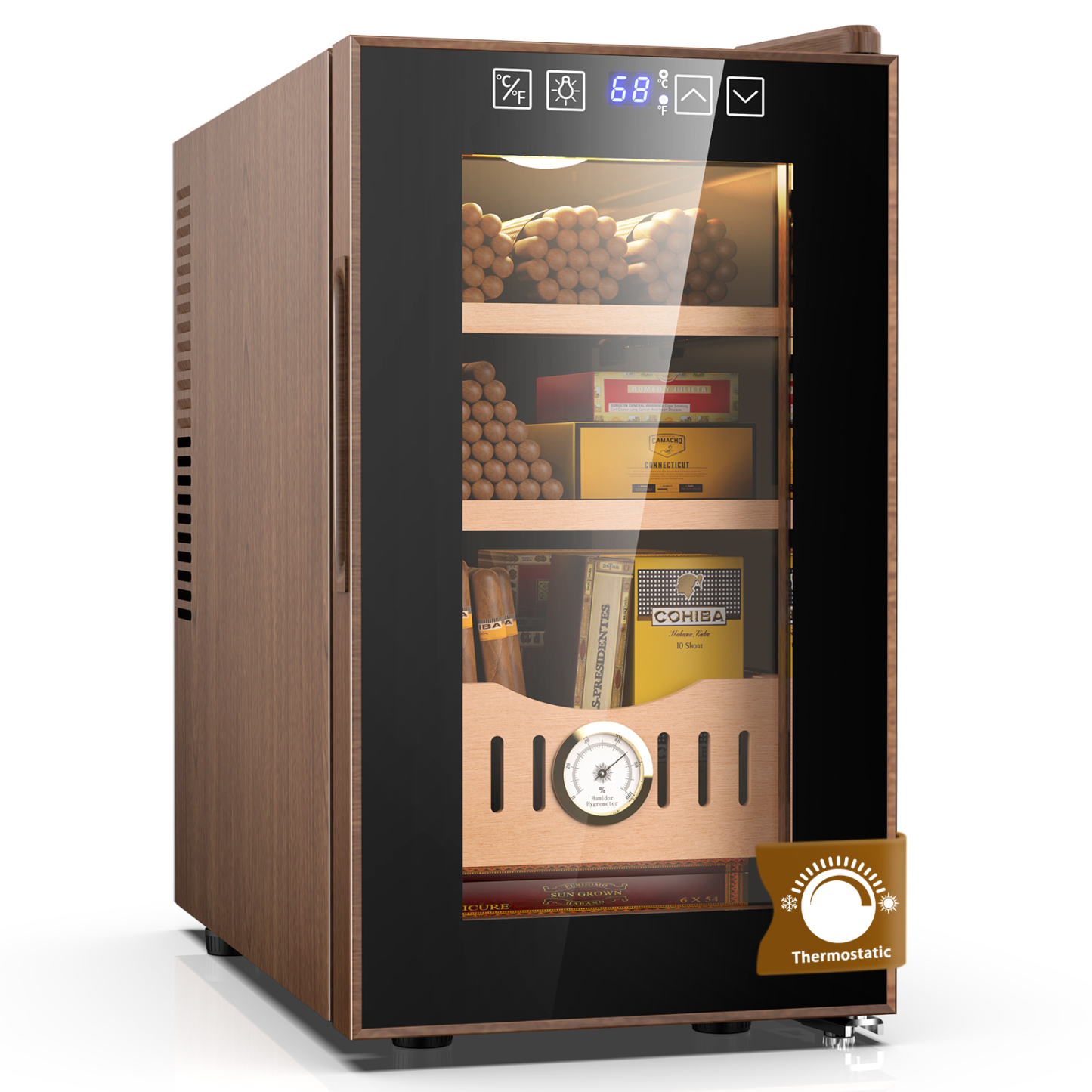 Mojgar 25L Thermostatic Electric Humidor featuring a sleek wooden design, digital temperature control, and hygrometer, perfect for cigar storage. Includes cooling and heating functions for year-round use.