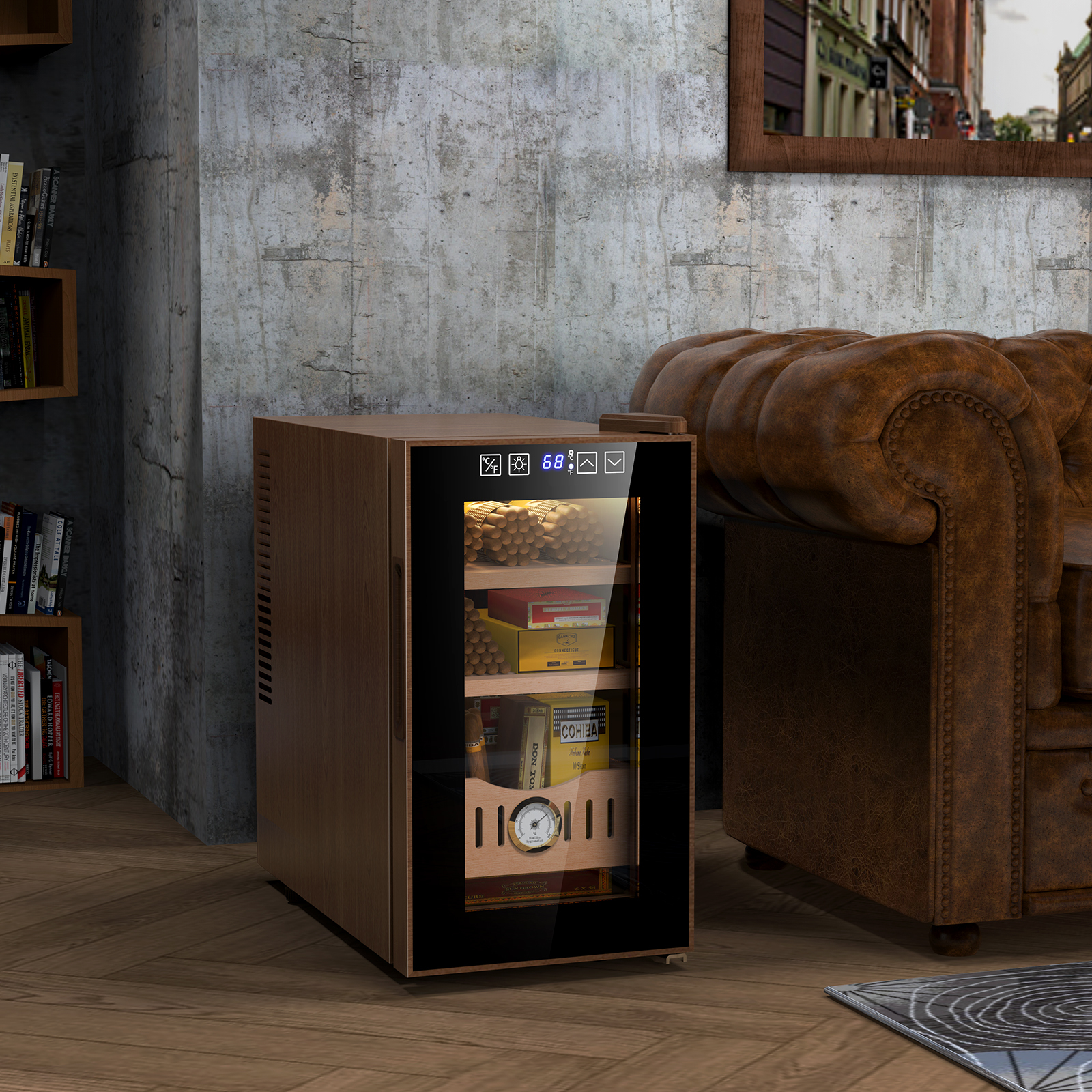 Mojgar Electric Humidor in a stylish living room setting, showcasing optimal cigar storage with digital controls and precise temperature management. Perfect for maintaining cigars in a modern, sophisticated environment.