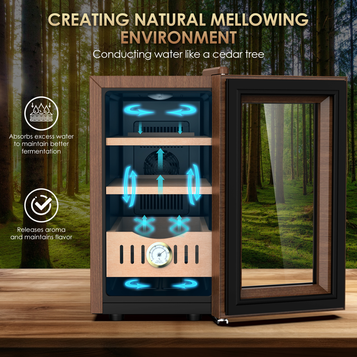 Mojgar Electric Humidor with natural mellowing environment, mimicking cedar wood. Absorbs excess water for better fermentation, releases aroma, and maintains flavor to preserve cigars in optimal conditions.