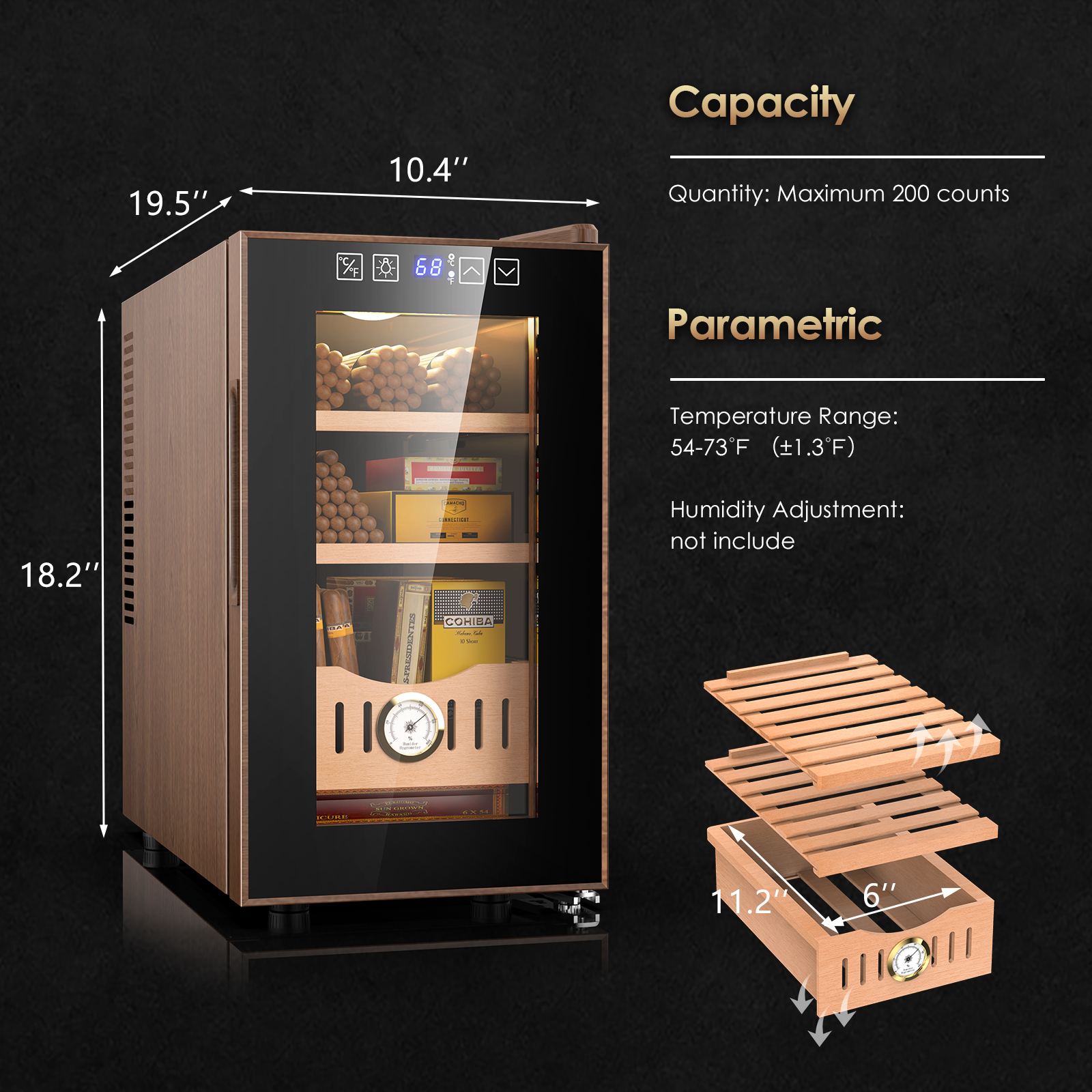 Mojgar 25L Electric Humidor with a maximum capacity of 200 cigars. Temperature range: 54-73°F (±1.3°F). Includes cedar wood shelves (11.2"x6") for optimal storage and humidity monitoring.