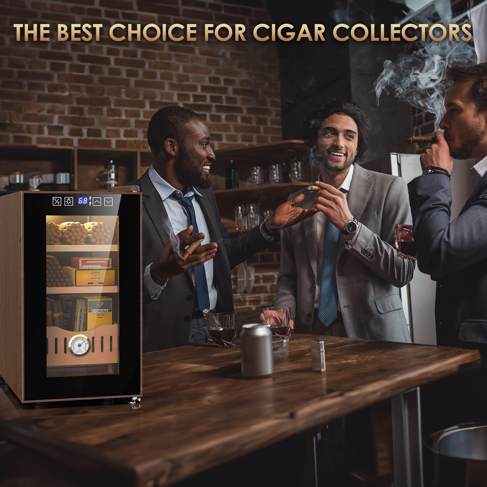 Mojgar Electric Humidor, the best choice for cigar collectors, shown in a stylish setting with professionals enjoying cigars. Features optimal storage, precise temperature control, and sleek design.
