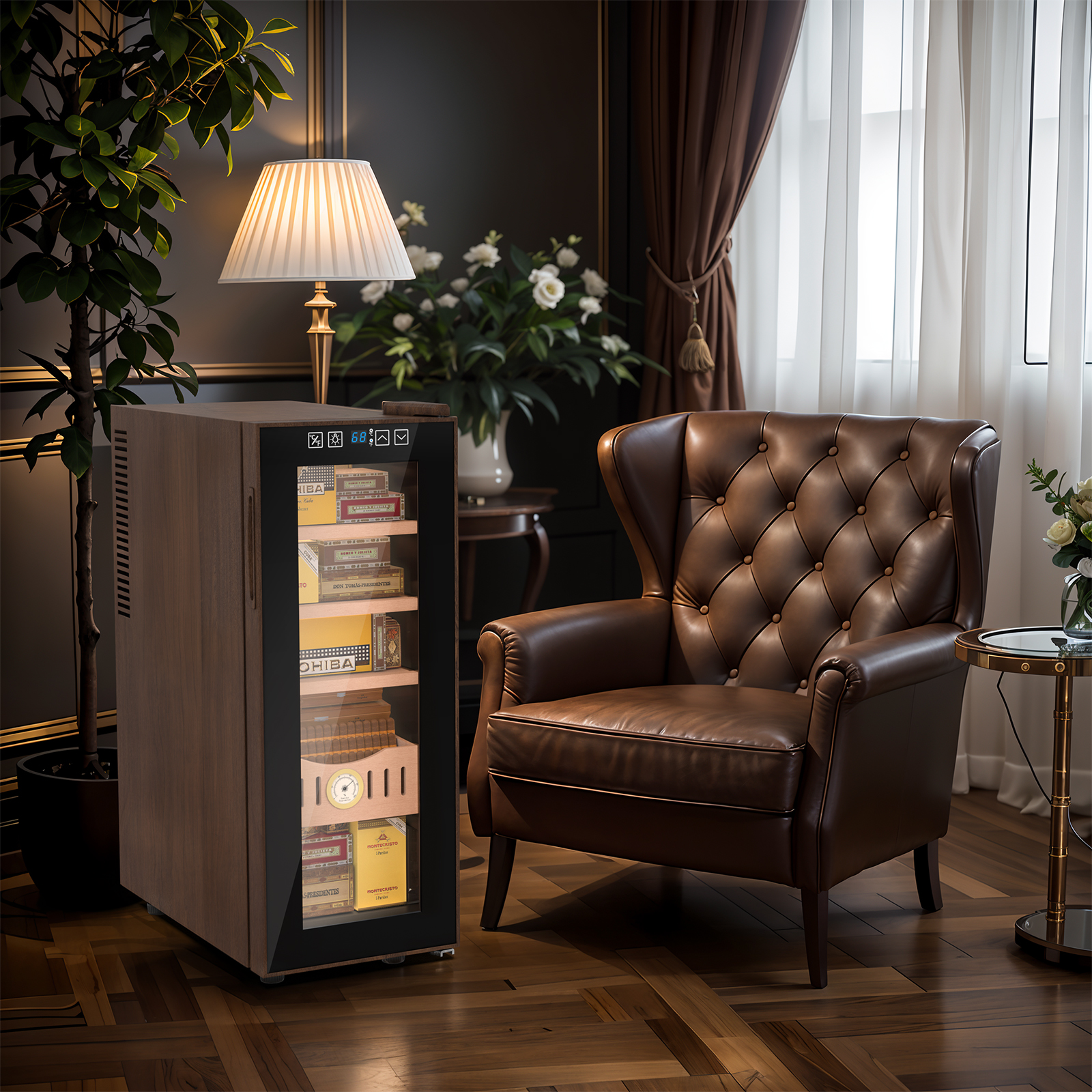 Elegant electric humidor placed in a cozy living room setting with a leather armchair, potted plants, and a warm light. The humidor showcases premium cigars through its glass door with a wood grain finish and digital temperature control.