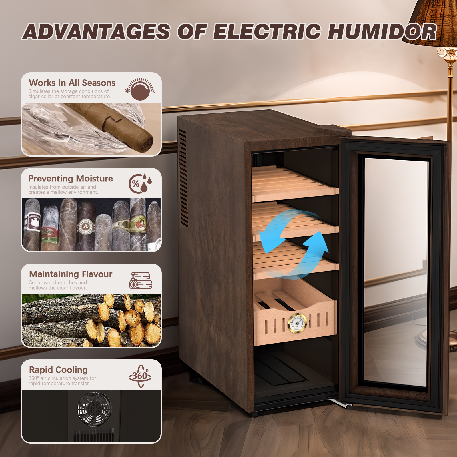 Electric humidor with multiple shelves, showcasing advantages such as moisture prevention, flavor maintenance, and rapid cooling with a 360° air circulation system. Designed for all seasons, it ensures optimal cigar storage conditions.