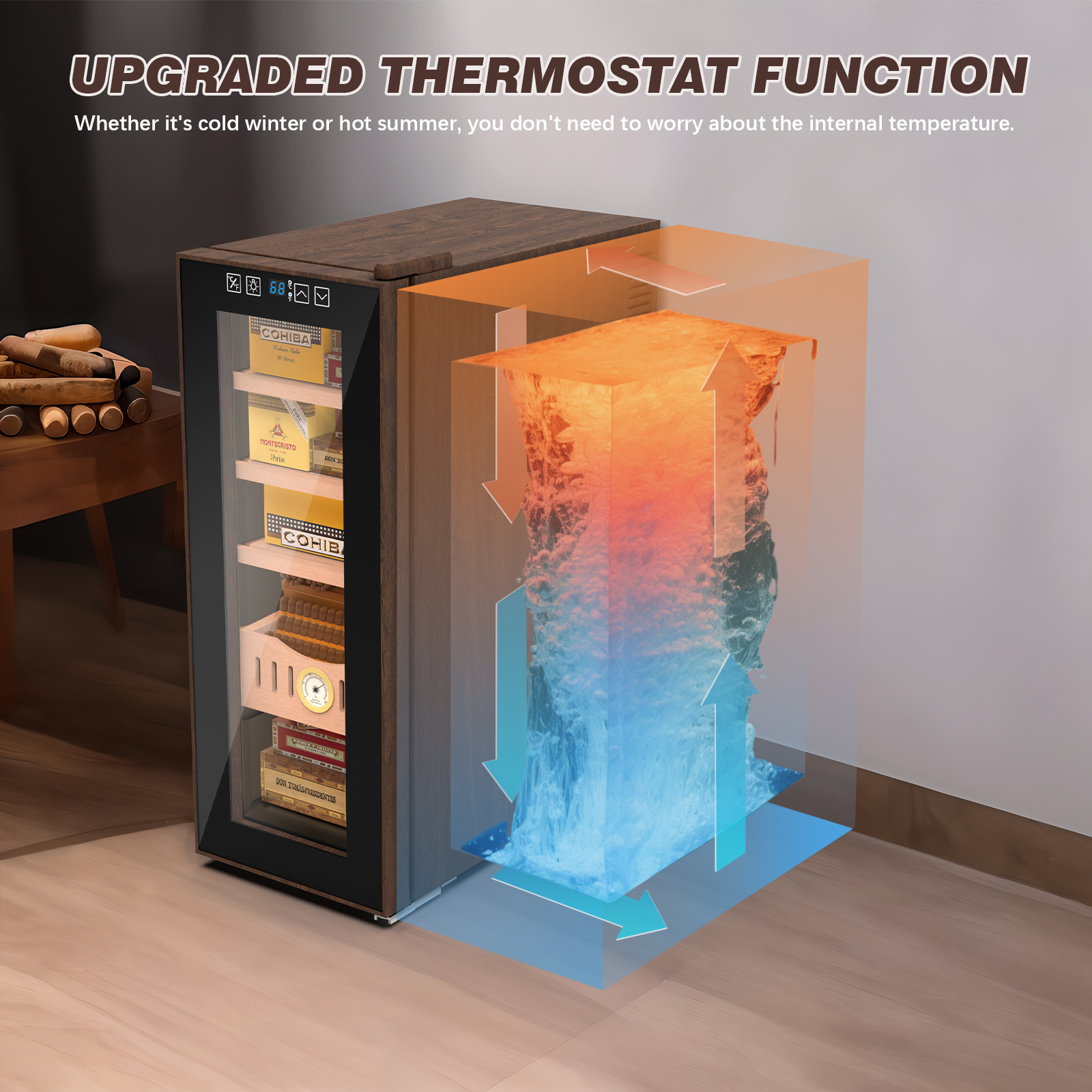 Electric humidor with upgraded thermostat function, ensuring optimal temperature control in both cold and hot seasons. The image shows the cooling and heating airflow for consistent internal temperature maintenance.