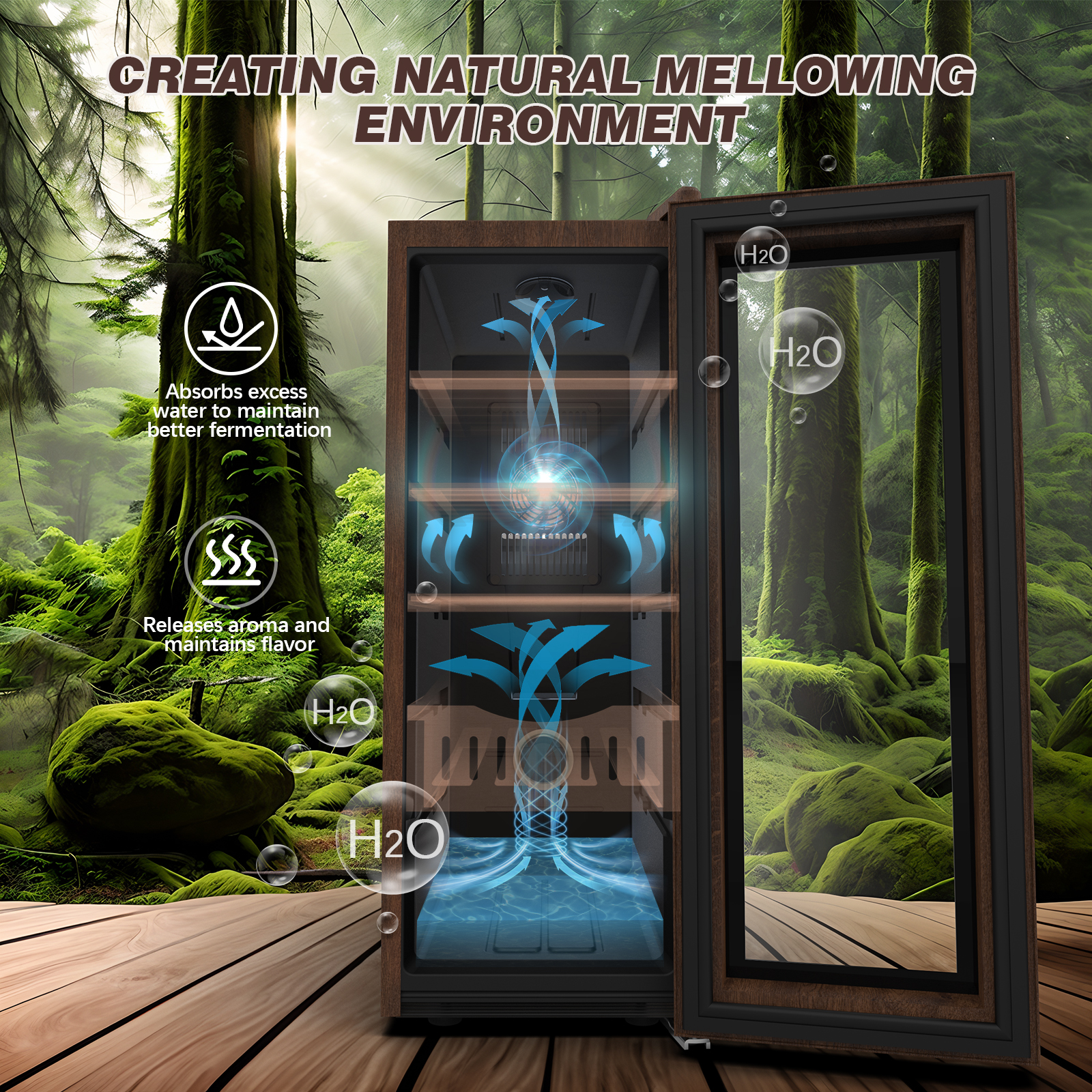 Electric humidor creating a natural mellowing environment by absorbing excess moisture for better fermentation, releasing aroma, and maintaining flavor. Water vapor and airflow are visualized for optimal cigar storage.