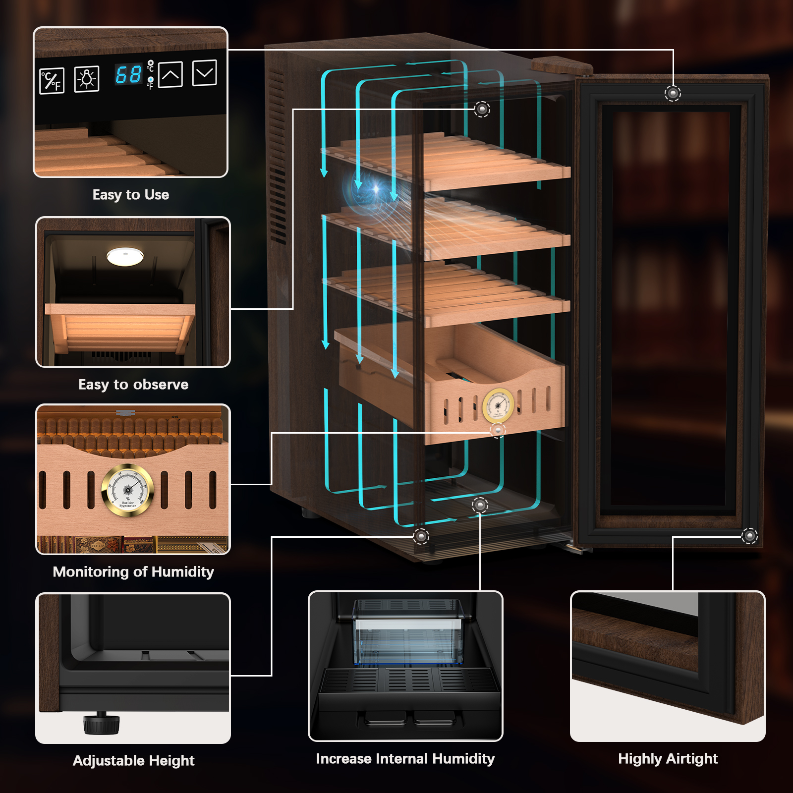 Electric humidor with adjustable shelves, humidity monitoring system, and easy-to-observe digital display. Features airtight design, adjustable height, and a system to increase internal humidity for optimal cigar storage.