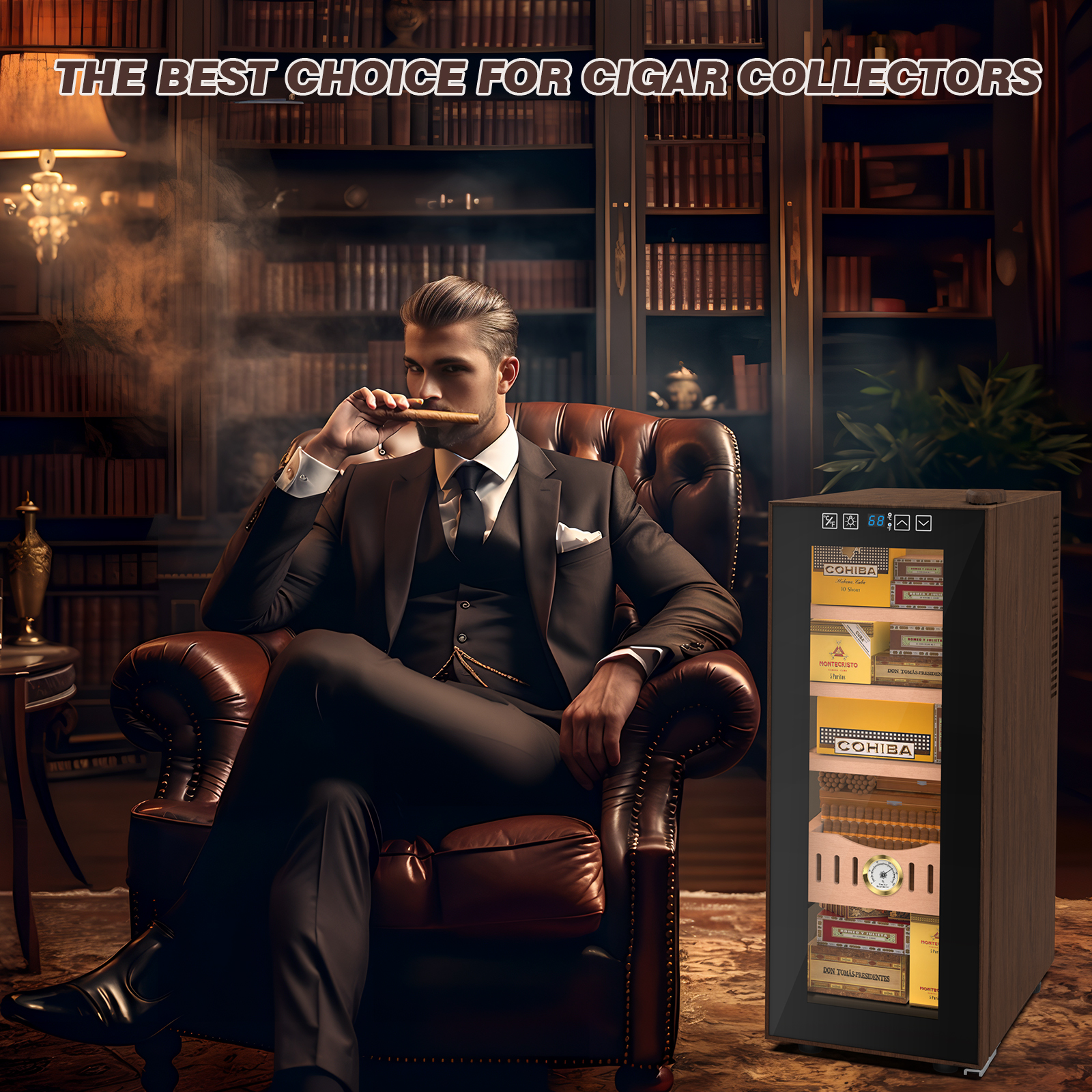 A sophisticated man in a suit sitting in a leather chair, enjoying a cigar. Beside him is an electric humidor showcasing premium cigars, labeled with brands like Cohiba. The humidor offers a stylish storage solution for cigar collectors.