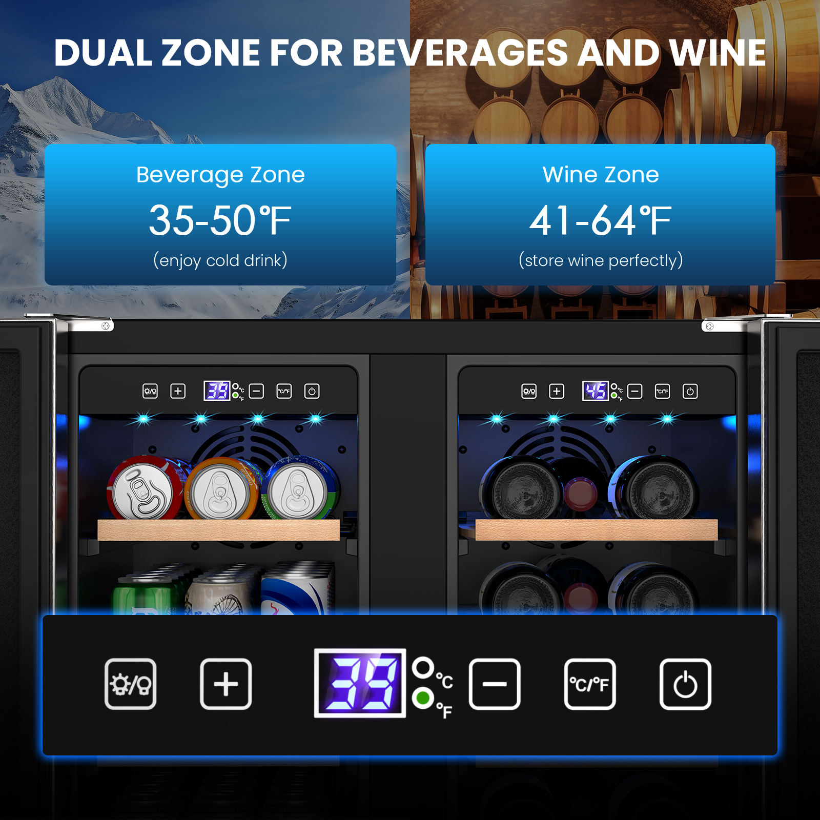Dual-zone wine and beverage refrigerator with digital temperature controls. Beverage zone set to 35-50°F for drinks, and wine zone set to 41-64°F for wine, with LED lighting and adjustable shelves.