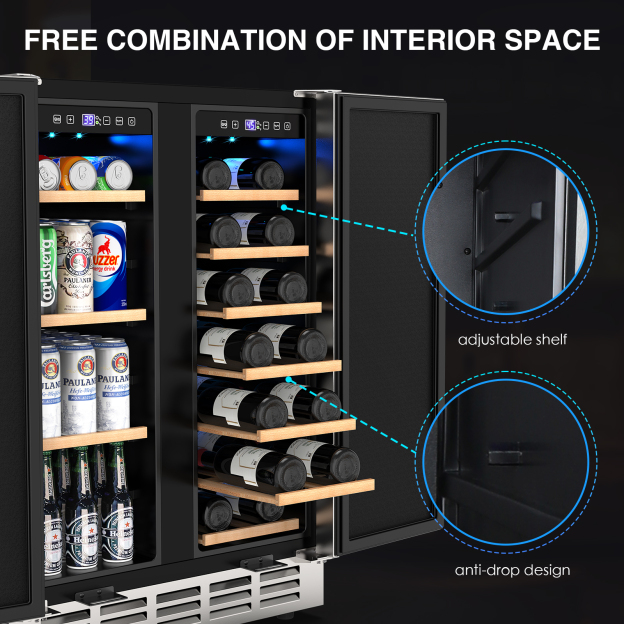 Dual-zone wine and beverage fridge with adjustable shelves and anti-drop design. Left side stores beverages, and right side holds wine bottles, showcasing flexible interior space for various storage needs.
