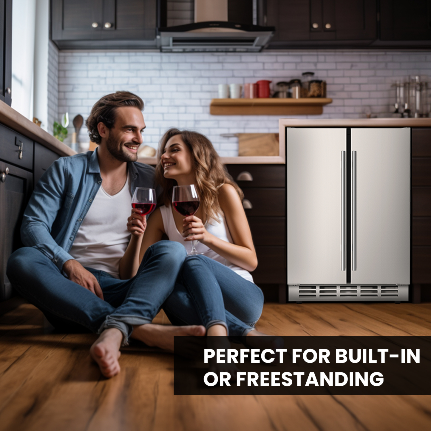 A couple enjoying wine in a modern kitchen with a 24-inch stainless steel double-door beverage refrigerator. The fridge is designed for built-in or freestanding use, complementing the kitchen decor.