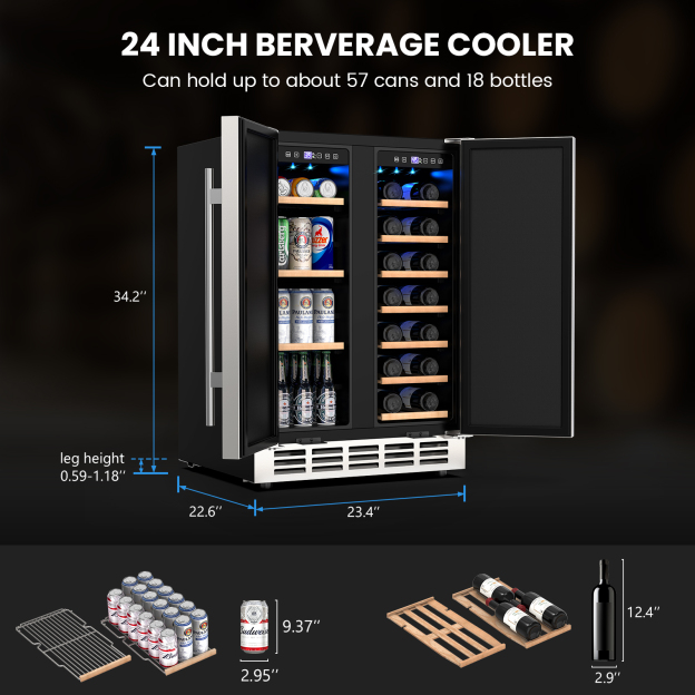 24-inch beverage cooler with double doors, holds 57 cans and 18 bottles. Features dual zones, adjustable shelves, and dimensions of 34.2"H x 23.4"W x 22.6"D, ideal for wine and beverage storage.