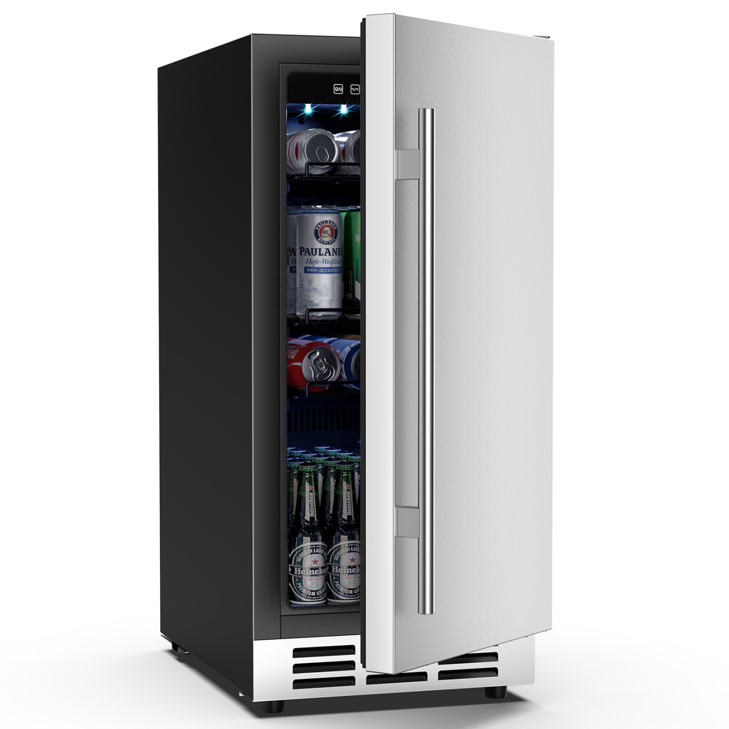 15-inch stainless steel beverage fridge with an open door showing stocked shelves of cans and bottles. Features sleek handle, LED interior lighting, and a front vent system for built-in or freestanding use.