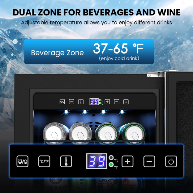 Dual-zone beverage and wine fridge with adjustable temperature range of 37-65°F. Features digital LED control panel, illuminated interior with stocked cans, and precise temperature settings for optimal cooling.
